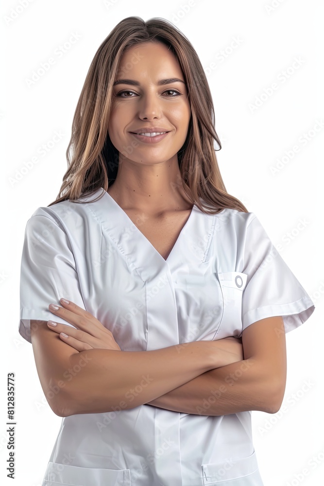 The beautiful doctor's happy face smiles as she crosses her arms and looks at the camera The beautiful doctor's happy face smiles as she crosses her arms and looks at the camera