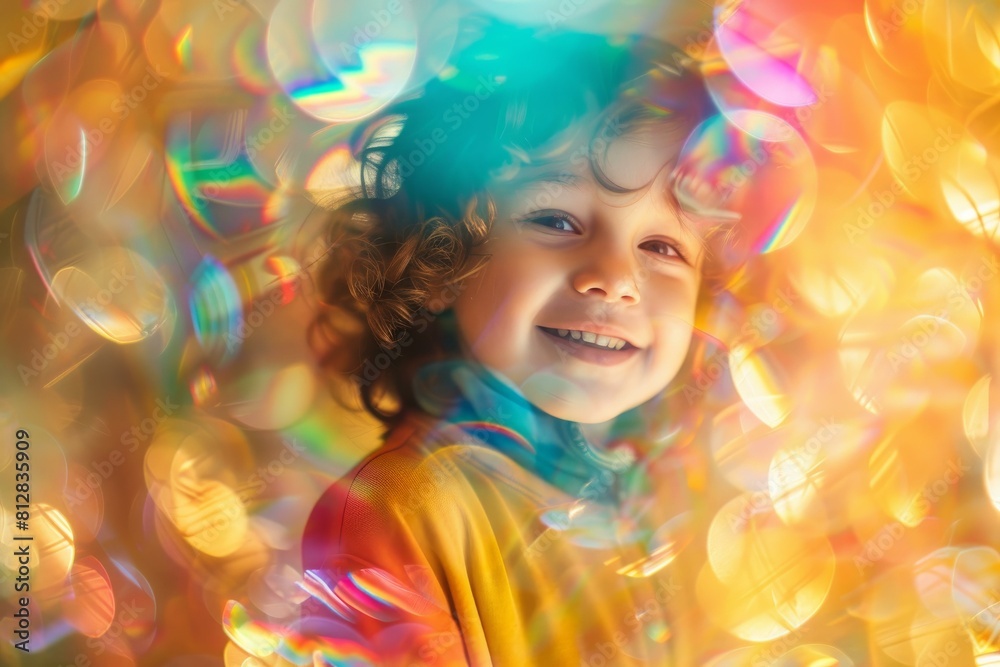 Joyful young child with curly hair smiles amidst a vibrant backdrop of shimmering light bubbles Joyful young child with curly hair smiles amidst a vibrant backdrop of shimmering light bubbles