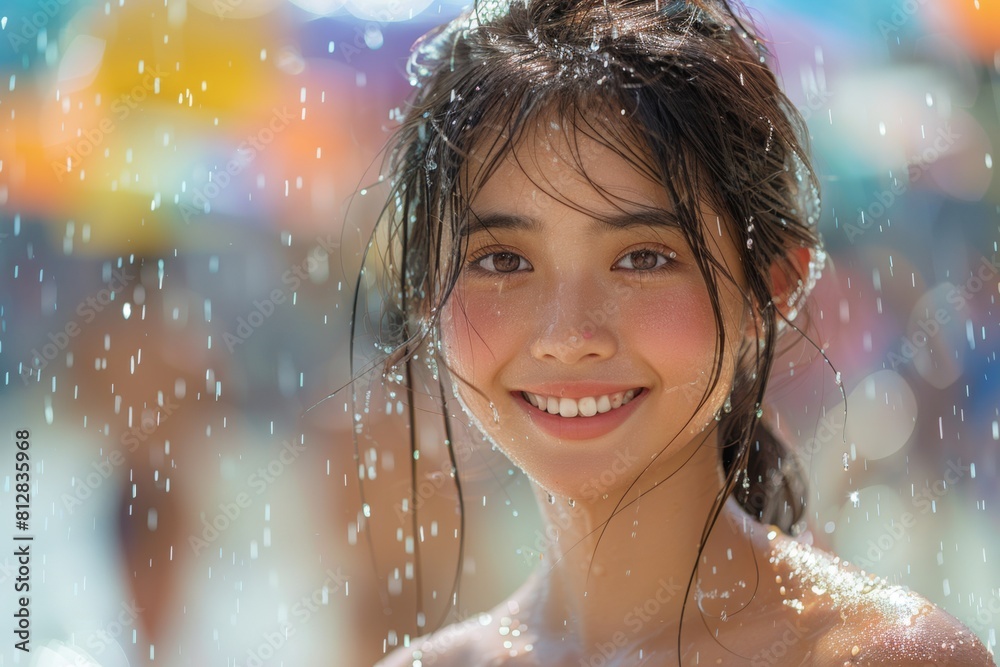 Fototapeta premium Close-up portrait of a young woman with wet hair enjoying water splashes, warm summer day atmosphere.