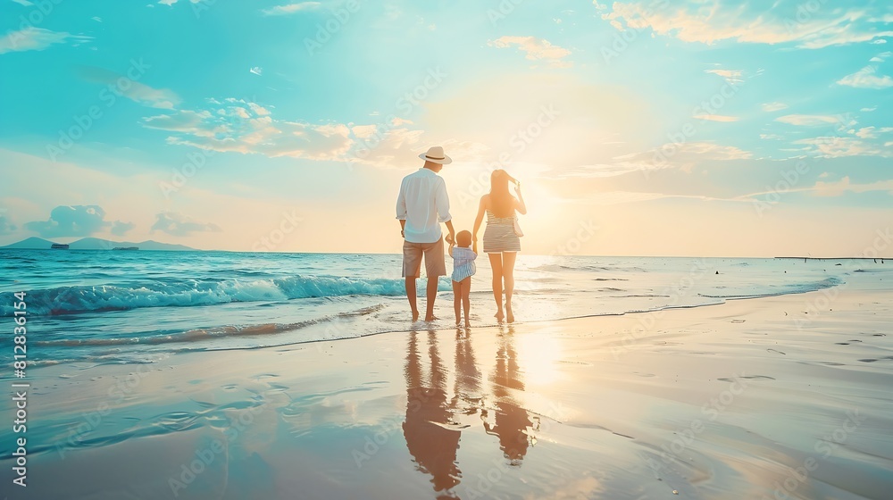 © Generative AI - Happy family on the beach People having fun on summer vacation Father mother and child against blue sea and sky background Holiday travel concept : Generative AI © Generative AI - Happy family on the beach People having fun on summer vacation Father mother and child against blue sea and sky background Holiday travel concept : Generative AI