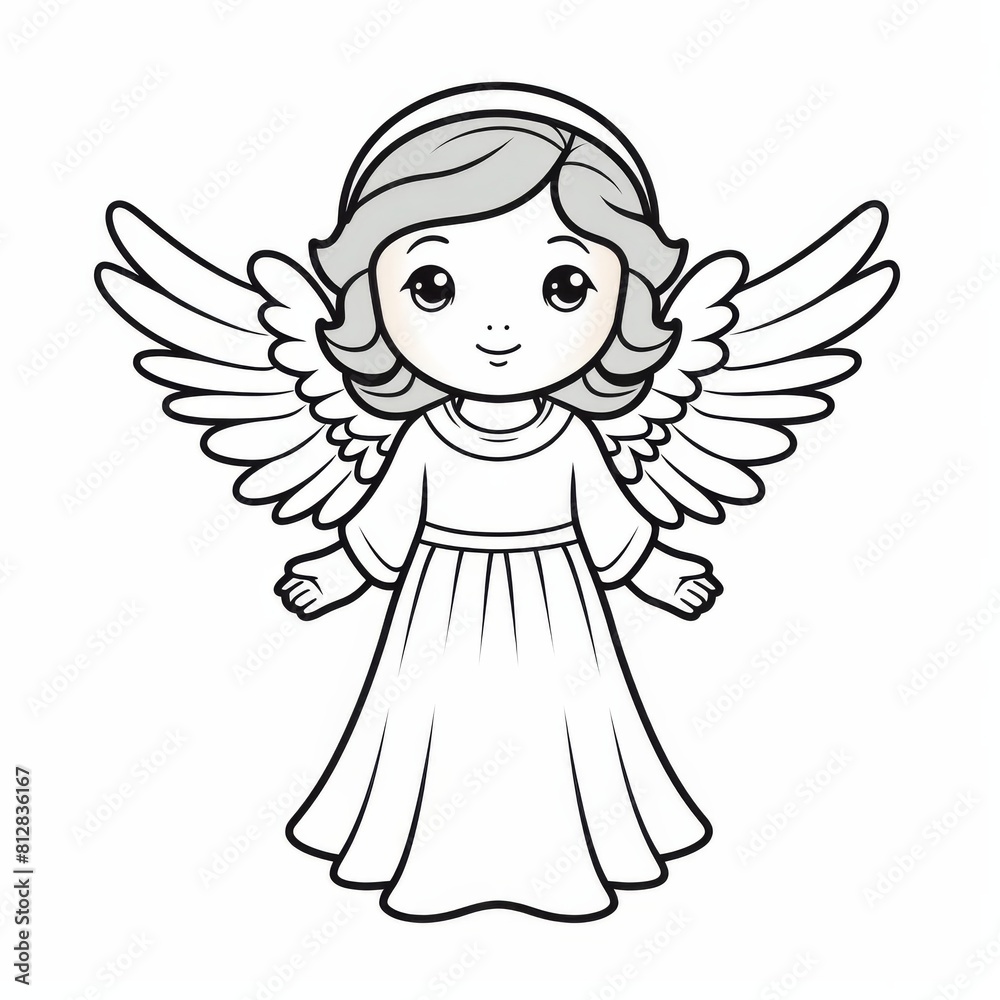 Fototapeta premium A cartoon angel with wings depicted on a plain white background. Kids coloring page