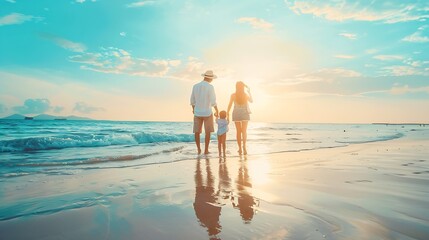 Happy family on the beach People having fun on summer vacation Father mother and child against blue sea and sky background Holiday travel concept : Generative AI