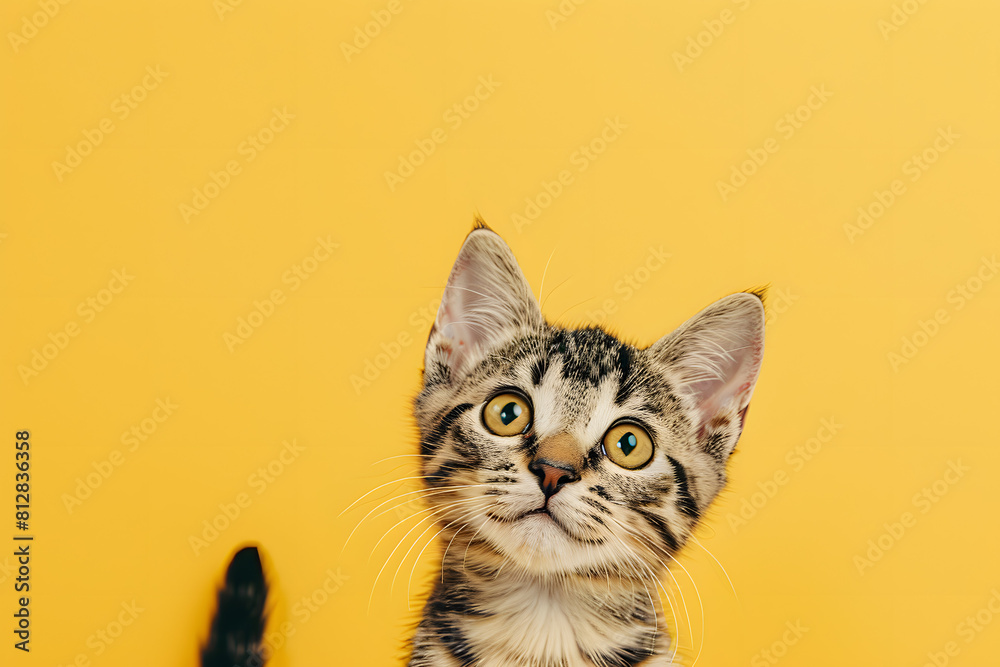 Curious Cat: A playful cat exploring its surroundings, with wide eyes and a twitching tail, against a cozy home yellow background Curious Cat: A playful cat exploring its surroundings, with wide eyes and a twitching tail, against a cozy home yellow background