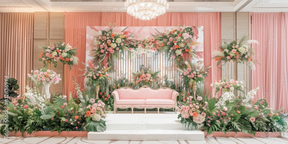 Wedding pink backdrop with chair aesthetic flower wreath pastel color decoration indoor white background Wedding pink backdrop with chair aesthetic flower wreath pastel color decoration indoor white background