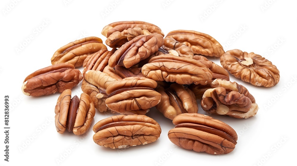 Fresh pecans isolated on white background Nuts scattered Top view Vertical layout Package design element with clipping path : Generative AI Fresh pecans isolated on white background Nuts scattered Top view Vertical layout Package design element with clipping path : Generative AI