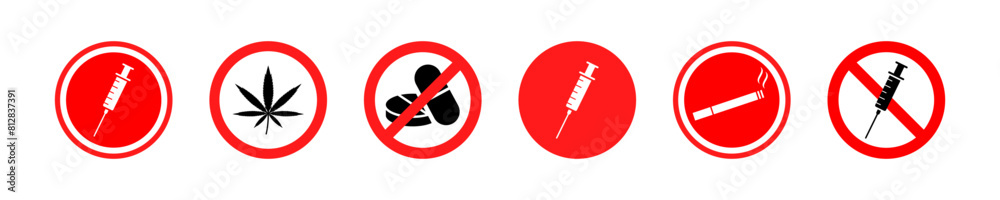 Set of red no drugs vector icons. Stop narcotic. Prohibit marijuana, tobacco, pill. Set of red no drugs vector icons. Stop narcotic. Prohibit marijuana, tobacco, pill.
