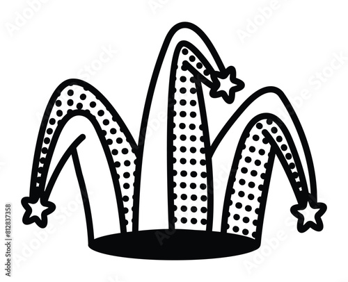 Jester hat, monochrome harlequin cap, joker costume part, single vector black line illustration