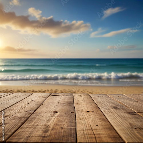 Empty wooden planks with blur beach on background  can be used for product placement  palm leaves on foreground