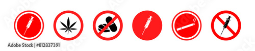 Set of red no drugs vector icons. Stop narcotic. Prohibit marijuana, tobacco, pill.