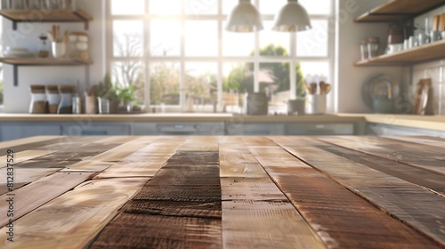 Wood table top on blur kitchen counter with window roombackgroundFor montage product display or design key visual layout : Generative AI © Generative AI