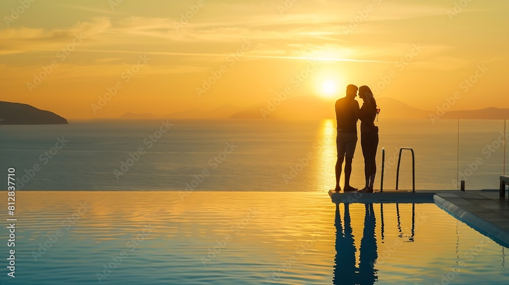 A hugging couple stands by the swimming pool and enjoys the intense sunset over the mediterranean sea in Greece with a glass of wine : Generative AI A hugging couple stands by the swimming pool and enjoys the intense sunset over the mediterranean sea in Greece with a glass of wine : Generative AI
