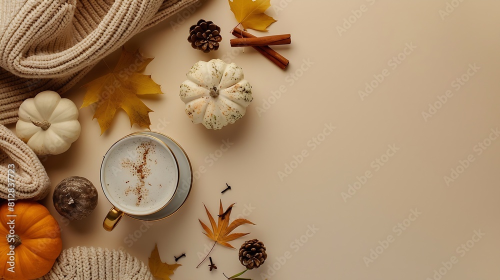 Celebrate beauty of autumn with enchanting arrangement top view capturing cup of fragrant coffee snug plaid petite pumpkins leaf pine cone cinnamon anise on beige surface Maximize ad p : Generative AI Celebrate beauty of autumn with enchanting arrangement top view capturing cup of fragrant coffee snug plaid petite pumpkins leaf pine cone cinnamon anise on beige surface Maximize ad p : Generative AI