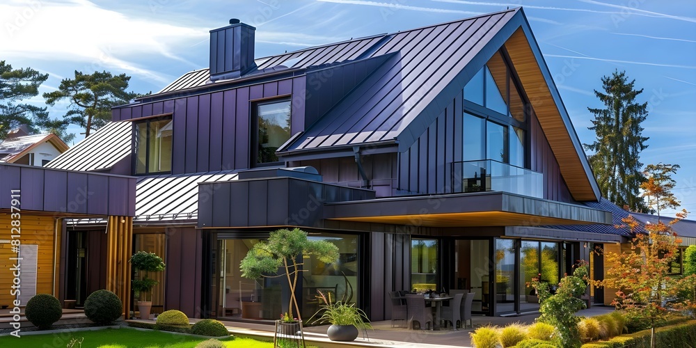 Obraz premium Sleek and Durable: A Modern House with a Corrugated Metal Roof. Concept Modern Architecture, Metal Roofing, Durable Design, Sleek Aesthetic, Residential Construction