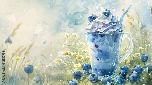 Refreshing Blueberry Smoothie Amidst Whimsical Floral Meadow Landscape