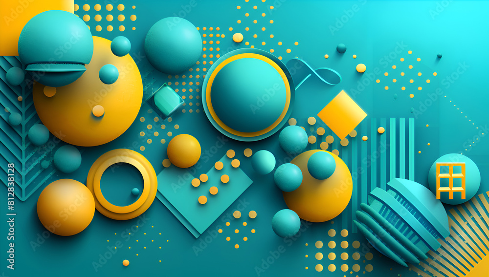 Obraz premium A colorful abstract painting with many different shapes and sizes of circles and squares. The painting has a playful and energetic mood, with the bright colors. Generative AI