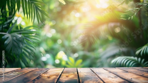 Wood tabletop podium floor in outdoors tropical garden forest blurred green leaf plant nature backgroundNatural product placement pedestal stand displayjungle paradise concept : Generative AI photo