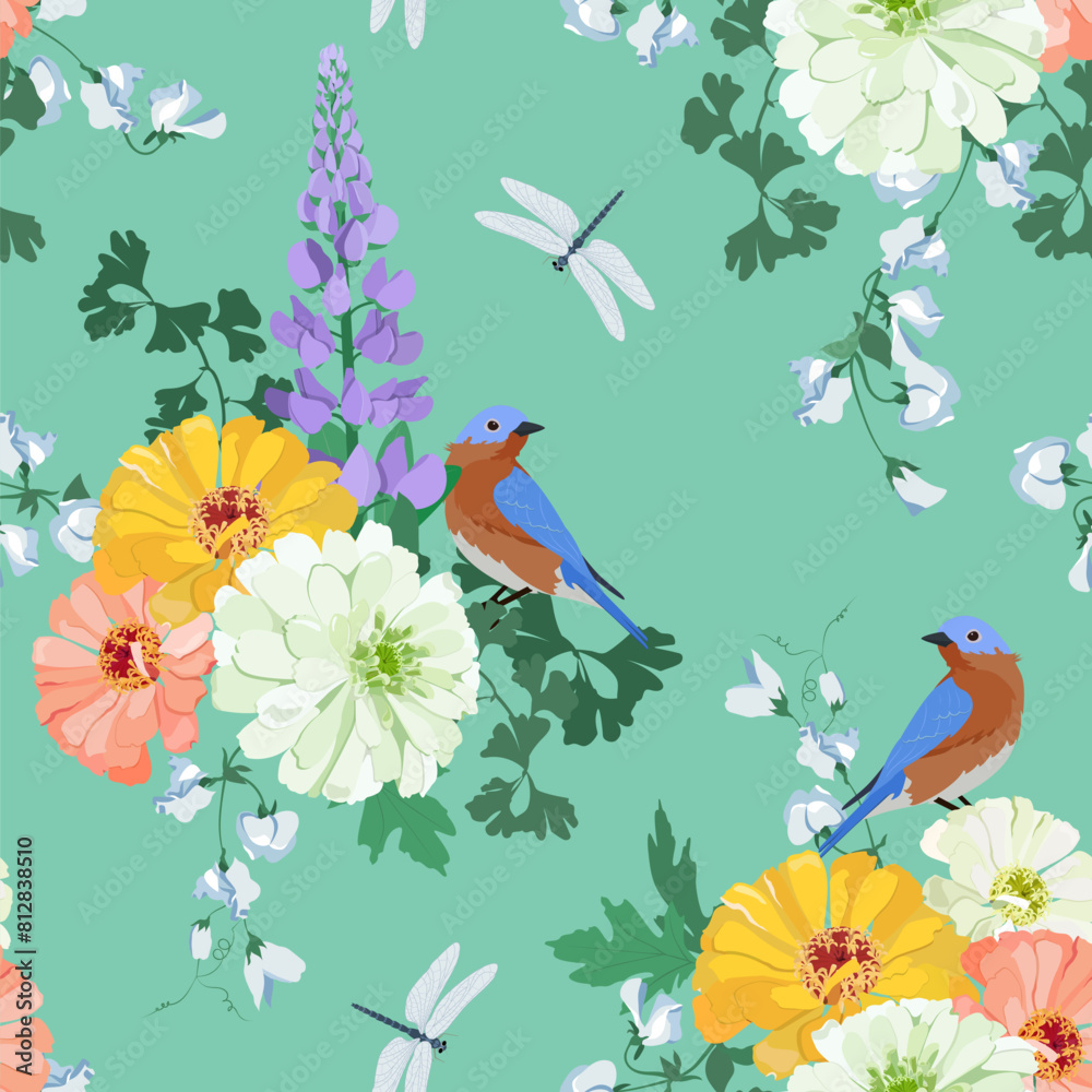 Seamless background with lupine, chrysanthemum and birds on turquoise background.
