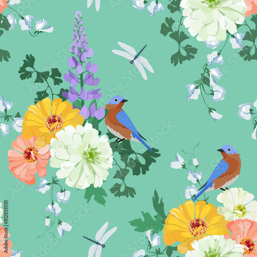 Seamless background with lupine  chrysanthemum and birds on turquoise background.