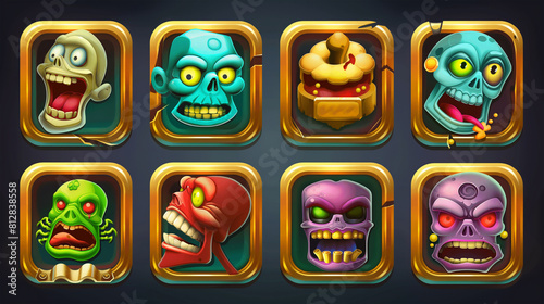 Zombie asset or Slot game icons on dark background  Illustration