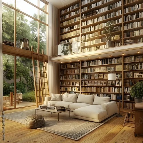 transparent psd a cozy living room with a white couch, wood floor, and white rug a tall ladder leans against the wall, while a potted green plant adds a touch of