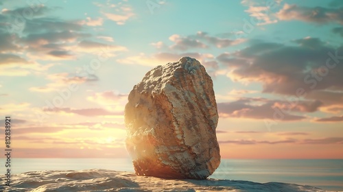 Rock stone stage in nature with sea beach seashore landscape and sunset sky nature background well editing montage Displays product : Generative AI photo