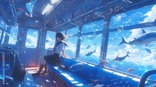 海底を走る電車に乗る女子高生 © YOSHI