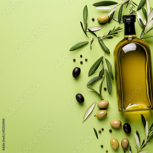 Olive oil bottle ad background with copyspace, vegetable oil commercial produce, food industry and retail concept