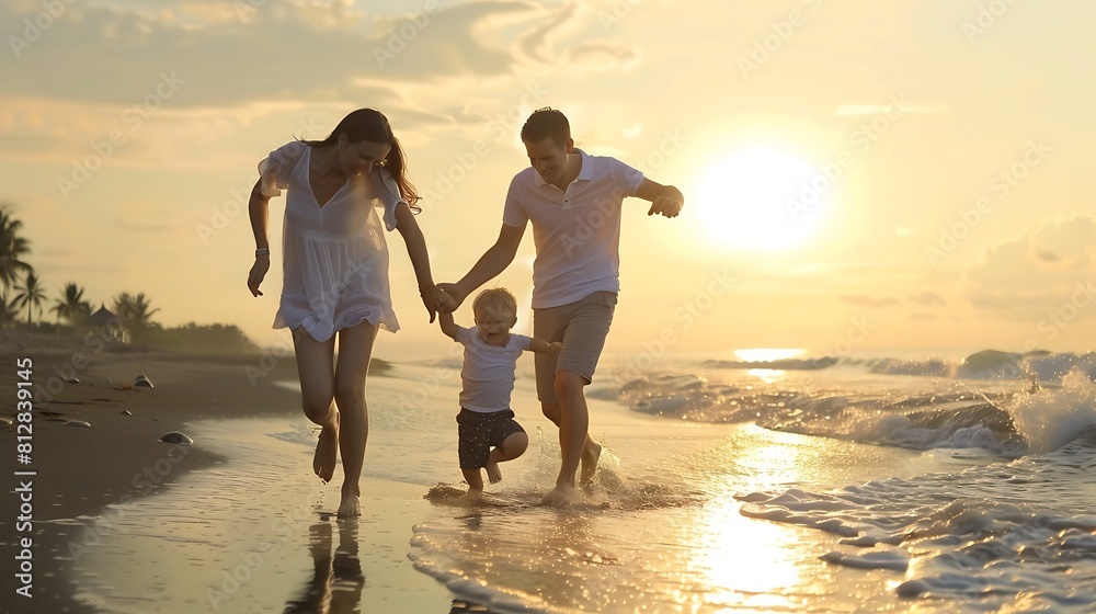 Fototapeta premium Happy family father mother baby son hold hands and run with fun along sunset sea surf on black sand beach Active parents and people outdoor activity on tropical summer vacations with : Generative AI