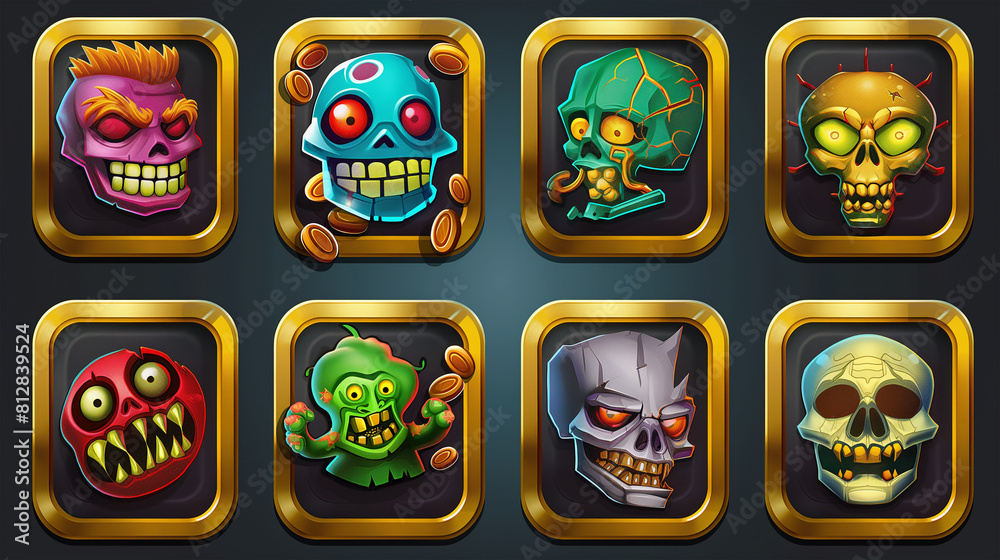 Zombie asset or Slot game icons on dark background, Illustration