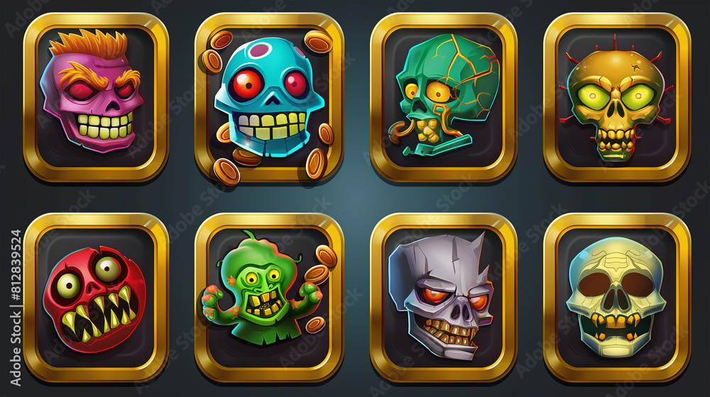 Obraz premium Zombie asset or Slot game icons on dark background, Illustration