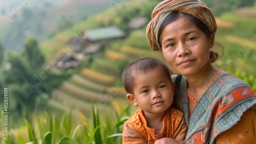 Vietnamese mother and child Terraced rice spa There are children in the background.