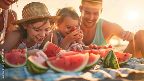 family leisure and people concept  happy mother father and two daughters having picnic on summer beach and eating watermelon : Generative AI #812839721