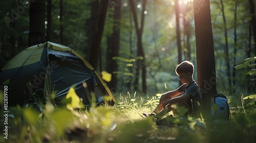 Boys solo camp in the fresh green forest : Generative AI photo