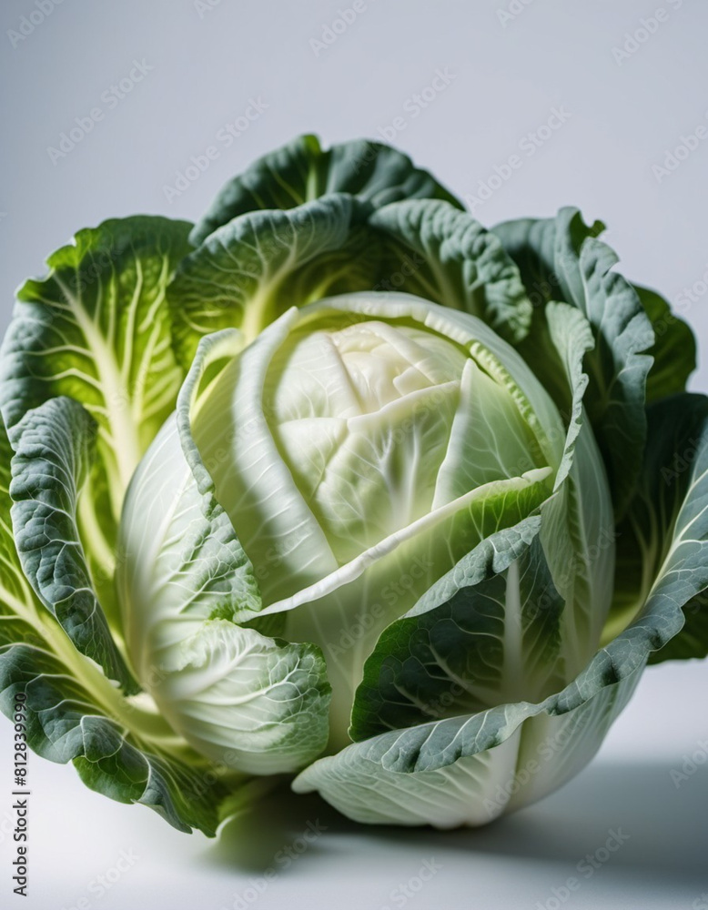Cavege A detailed close-up of a fresh white green cabbage shows the intricate ...