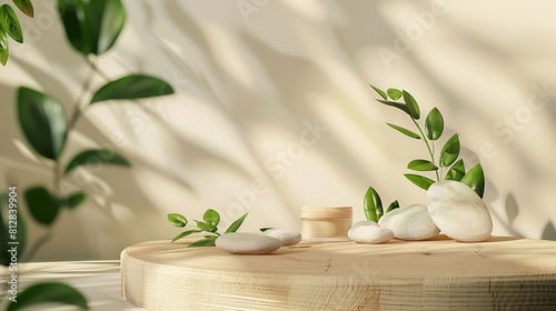 Background for cosmetic products of natural beige color Wood podium with green leaves and natural stones Front view : Generative AI