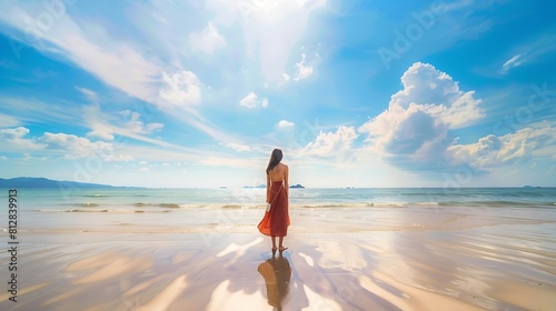 A young woman wears a dress and travels to the beach in the summer alone on her vacation At andaman sea Laem Had Beach Koh Yao YaiThailand : Generative AI photo