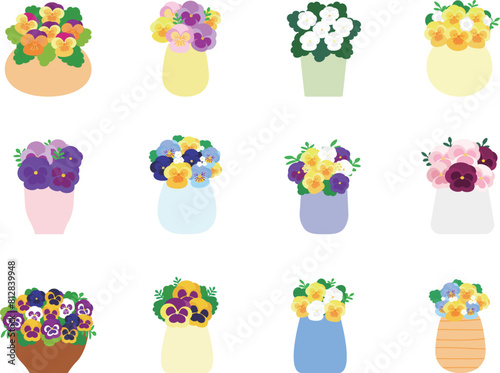 花瓶に入ったパンジーとビオラのイラストセット