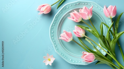 Flowers composition romantic Flowers pink tulips and blue empty plate on pastel blue background Wedding Birthday Happy womans day Mothers Day Valentines Day Flat lay top view copy spac : Generative AI #812839959