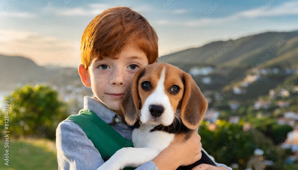 Portrait of a beautiful red-haired boy holding a beagle puppy. Portrait of a beautiful red-haired boy holding a beagle puppy.
