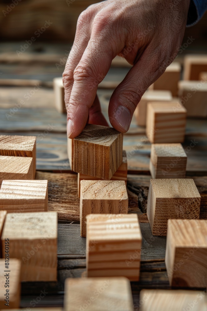 close-up hand stacks wooden cubes. Selective focus