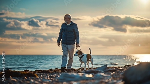 Athletic 60years old man walking together with his dog jack russell terrier by the sea : Generative AI