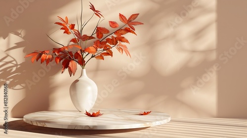 Marble round podium with vase and red autumn leaves sunlight beautiful shadows Showcase for home decoration design product presentation aesthetic style : Generative AI