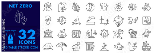 NET ZERO Editable Stroke Icon, CO2, environment, Windmill, Carbon Capture, Windmill, Eco friendly, Carbon Filter, Battery, renewable, Solar Panel, sustainability.