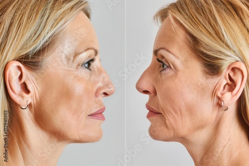A mature woman face before and after a facelift procedure highlighting the smoothness and youthfulness achieved