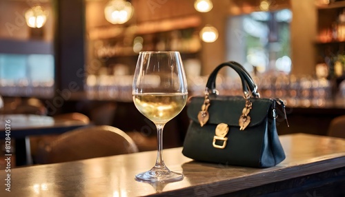 Close-up of a bar counter in an elegant restaurant. On the counter a black handbag and a glass of white wine. Blurred background of the restaurant lights.