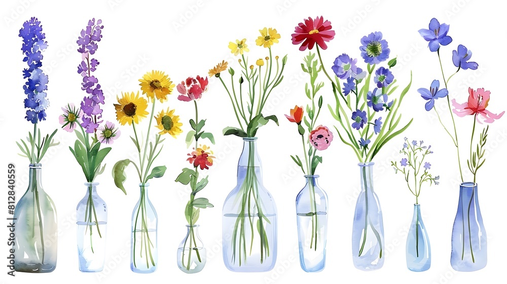 Obraz premium Vibrant Floral Arrangements in Transparent Vases Showcasing the Beauty of Spring Blooms
