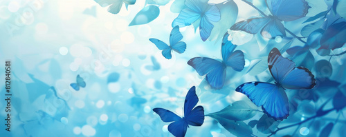 butterfly background. Background of delicate blue butterflies on a blue background with copy space