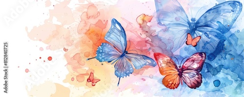 butterfly background. Background of delicate rainbow  multi-colored watercolor butterflies with copy space. banner  advertising 