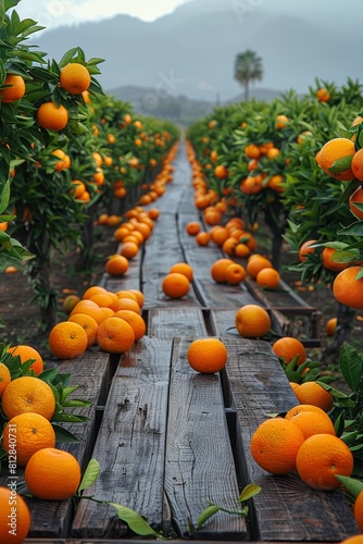 wooden path in the garden with orange trees, vertical