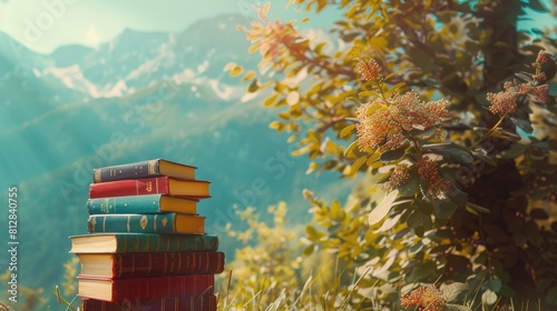 books on the background of mountains. Selective focus